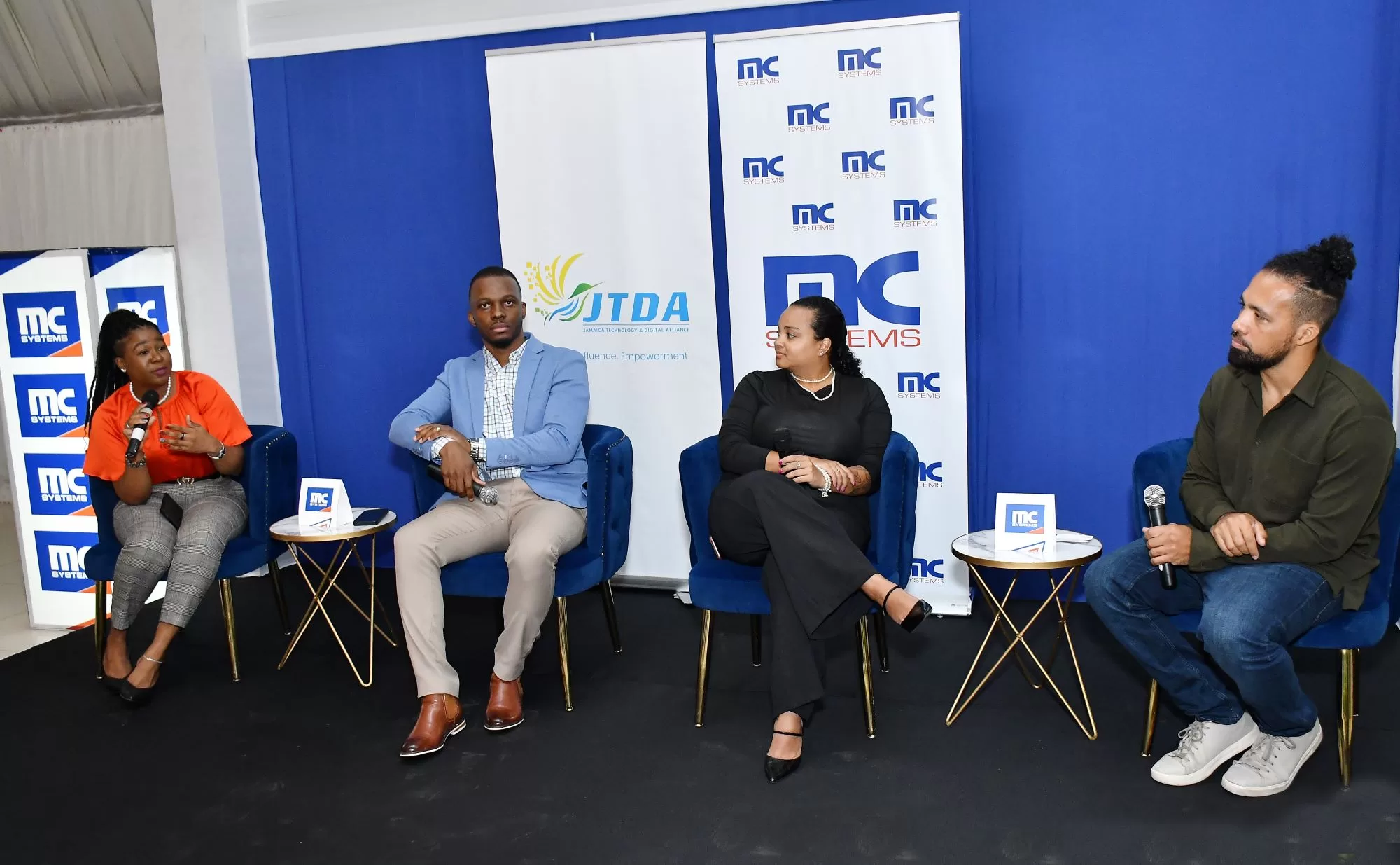 Melissa Lindsay (left), Manager, Tech Consulting at MC Systems makes a point about the importance of people in digital transformation during the MC Systems and Jamaica Technology and Digital Alliance (JTDA) CIO Roundtable held at the Terra Nova Hotel on February 6. Also participating in the panel discussion were (from left) Roldane Henry, Infrastructure Services Lead, MC Systems; Kathryn Chin-See, Product Manager, BizPay and Dmitri Dawkins, Commercial Director, MC Systems.